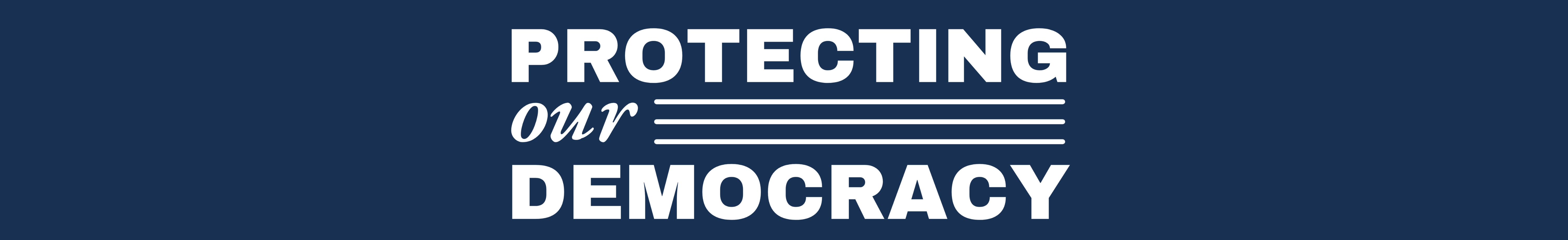 A website banner with a navy blue background and white text that says Protecting Our Democracy.